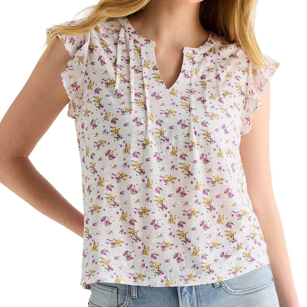 Lucky Brand Floral Pintuck Tee Womens Large Flutter Sleeves